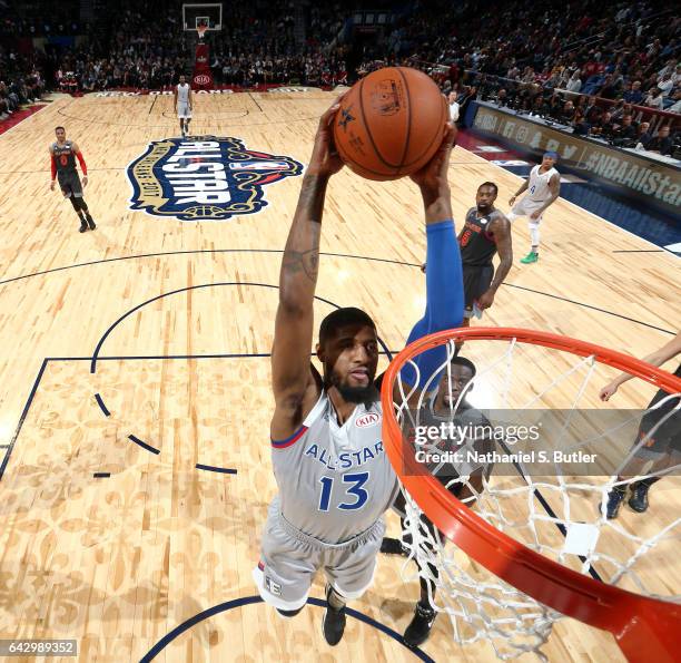 Paul George of the Eastern Conference All-Stars dunks during the NBA All-Star Game as part of the 2017 NBA All Star Weekend on February 19, 2017 at...