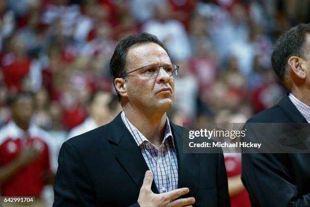 Head coach Tom Crean of the Indiana Hoosiers is seen during the game against the Michigan Wolverines at Assembly Hall on February 12, 2017 in...