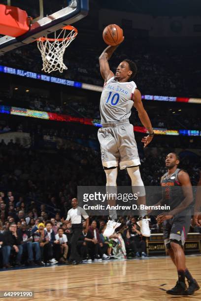 DeMar DeRozan of the Eastern Conference All-Star Team dunks the ball against the Western Conference All-Star Team during the NBA All-Star Game as...