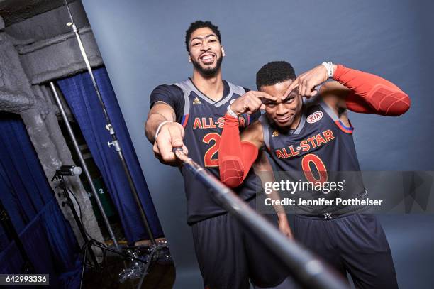 Anthony Davis and Russell Westbrook of the Western Conference All-Stars poses for a portrait during the NBA All-Star Game as part of 2017 All-Star...