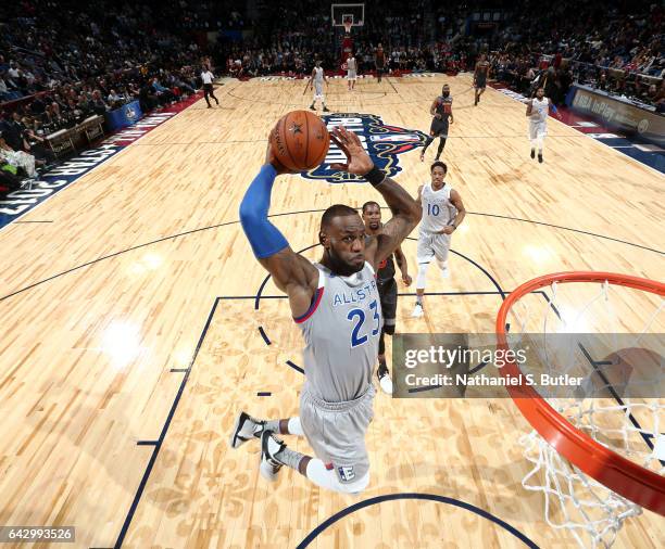 LeBron James of the Eastern Conference All-Stars dunks during the NBA All-Star Game as part of the 2017 NBA All Star Weekend on February 19, 2017 at...