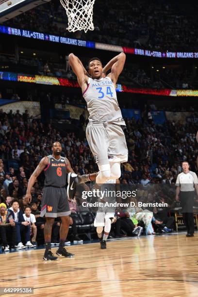 Giannis Antetokounmpo of the Eastern Conference All-Star Team drives to the basket against the Western Conference All-Star Team during the NBA...