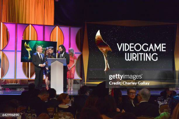 The Writers of 'Uncharted 4: A Thiefs End' accept the Outstanding Achievement In Videogame Writing Award onstage during the 2017 Writers Guild...