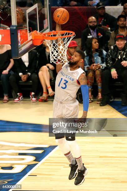 Paul George of the Eastern Conference All-Star Team dunks the ball during the NBA All-Star Game as part of the 2017 NBA All Star Weekend on February...