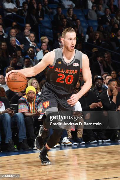 Gordon Hayward of the Western Conference All-Star Team handles the ball against the Eastern Conference All-Star Team during the NBA All-Star Game as...