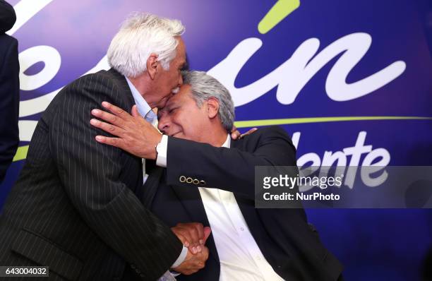 Lenin Moreno, candidate of 'Alianza País' celebrates the victory in the first round of elections in Ecuador, in Quito, Sunday, February 19,...