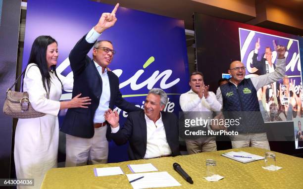 Lenin Moreno, candidate of 'Alianza País' celebrates the victory in the first round of elections in Ecuador, in Quito, Sunday, February 19,...