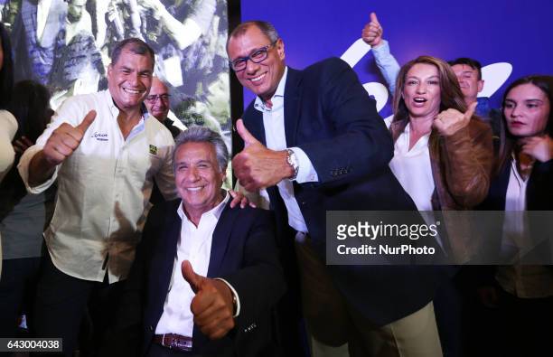 Lenin Moreno, center, candidate of 'Alianza País', President Rafael Correa, left, and Jorge Glas celebrates the victory in the first round of...