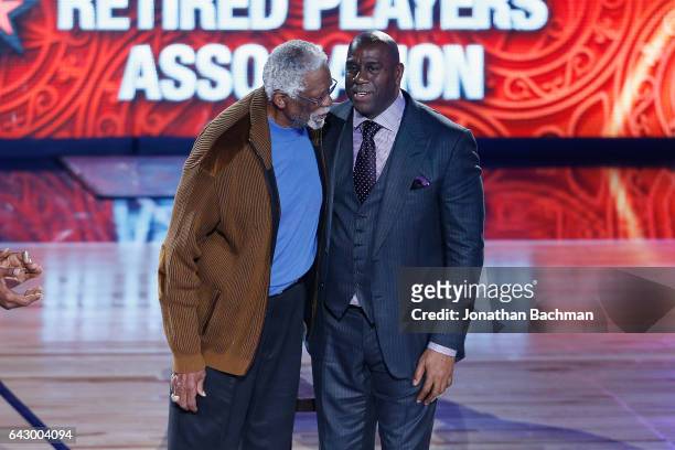 Former NBA players Bill Russell and Earvin "Magic" Johnson Jr. Are honored during the 2017 NBA All-Star Game at Smoothie King Center on February 19,...