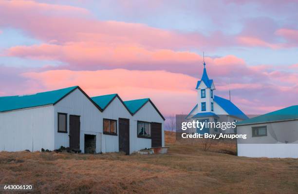 kirkjubær hostel in stodvarfjordur of east iceland during the beautiful vanilla sky after the sunset. - hostel stock pictures, royalty-free photos & images