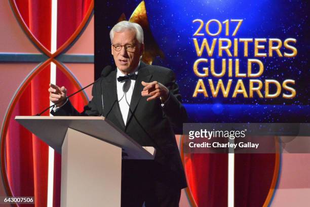 Actor James Woods speaks onstage during the 2017 Writers Guild Awards L.A. Ceremony at The Beverly Hilton Hotel on February 19, 2017 in Beverly...