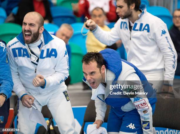 Andrea Santarelli, Paolo Pizzo and Enrico Garozzo of Italy celebrate a point during team competition at the Peter Bakonyi Senior Men's Epee World Cup...