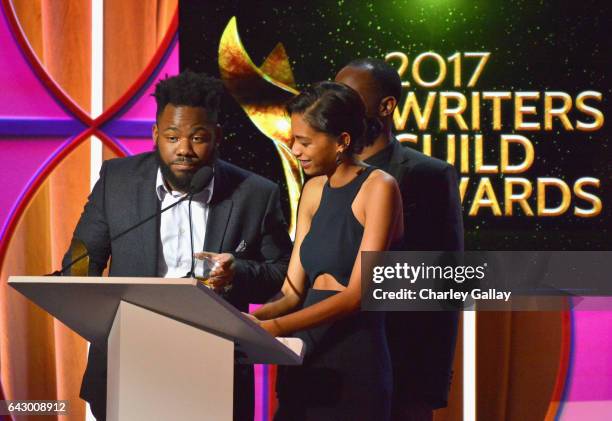 Writers Stephen Glover and Stefani Robinson accepts the New Series Award for 'Atlanta' onstage during the 2017 Writers Guild Awards L.A. Ceremony at...