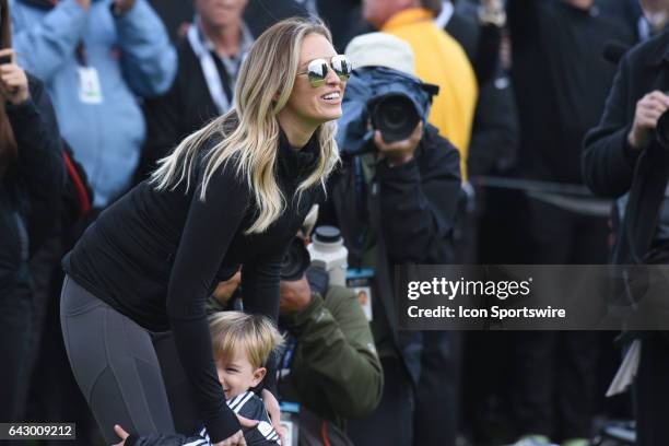 Paulina Gretzky holds her son Tatum Gretzky Johnson after Dustin Johnson won the Genesis Open golf tournament at the Riviera Country Club on February...