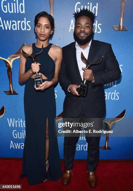 Writers Stefani Robinson and Stephen Glover of 'Atlanta' pose with the Comedy Series Award during the 2017 Writers Guild Awards L.A. Ceremony at The...