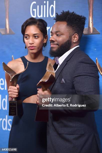 Writers Stefani Robinson and Stephen Glover of 'Atlanta' pose with the Comedy Series Award during the 2017 Writers Guild Awards L.A. Ceremony at The...