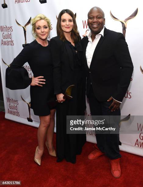Jane Krakowski, Tina Fey, and Tituss Burgess pose backstage with award during 69th Writers Guild Awards New York Ceremony at Edison Ballroom on...