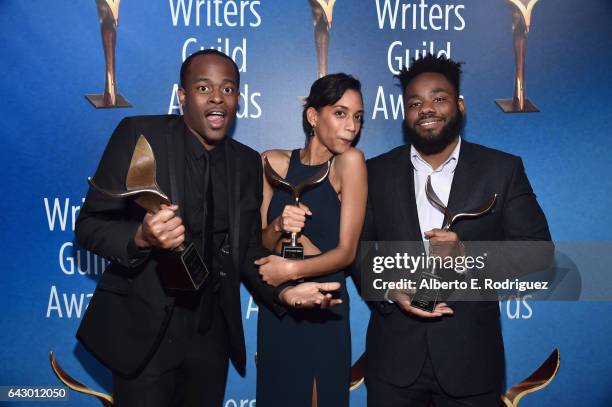 Writers Jamal Olori, Stefani Robinson and Stephen Glover pose with the Outstanding New Series award for 'Atlanta' during the 2017 Writers Guild...
