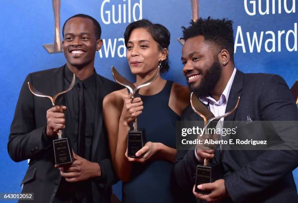 Writers Jamal Olori, Stefani Robinson and Stephen Glover pose with the Outstanding New Series award for 'Atlanta' during the 2017 Writers Guild...