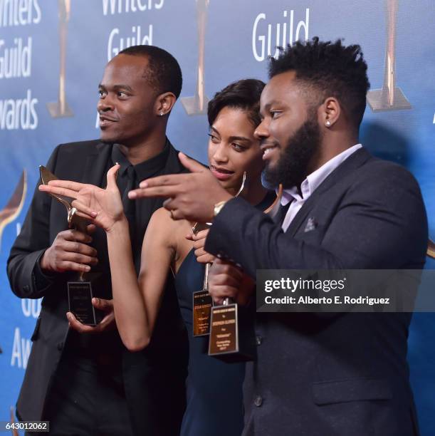 Writers Jamal Olori, Stefani Robinson and Stephen Glover pose with the Outstanding New Series award for 'Atlanta' during the 2017 Writers Guild...