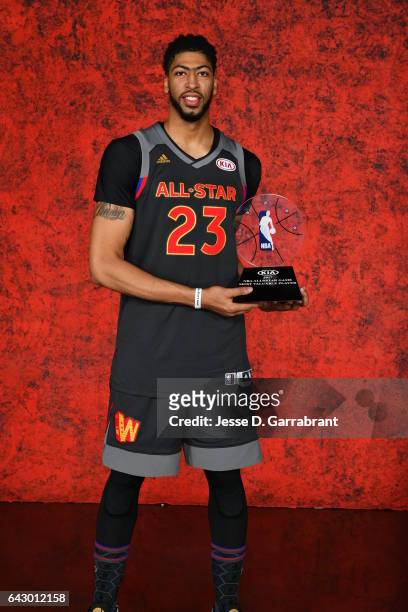 Anthony Davis of the Western Conference All-Stars poses for a portrait with the MVP trophy following the NBA All-Star Game as part of 2017 All-Star...