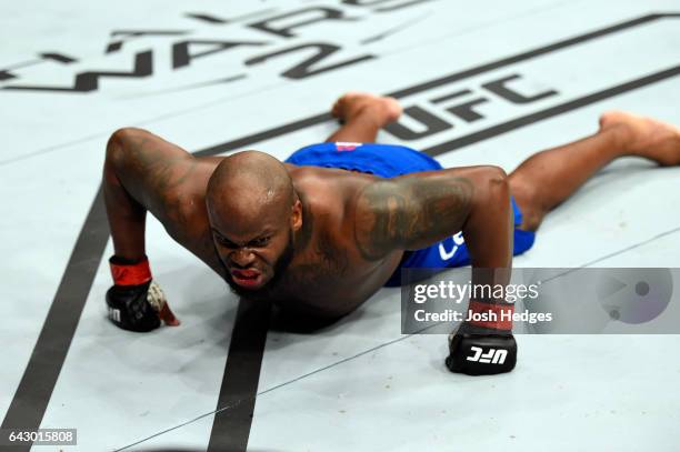 Derrick Lewis celebrates after defeating Travis Browne in their heavyweight fight during the UFC Fight Night event inside the Scotiabank Centre on...