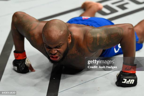 Derrick Lewis celebrates after defeating Travis Browne in their heavyweight fight during the UFC Fight Night event inside the Scotiabank Centre on...