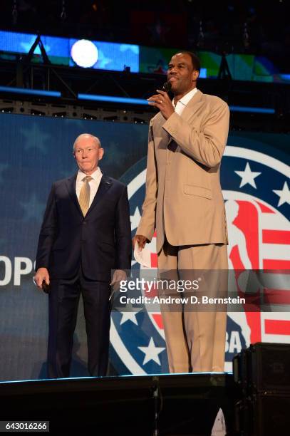 David Robinson and General Martin Dempsey address the fans during the NBA All-Star Game as part of the 2017 NBA All Star Weekend on February 19, 2017...