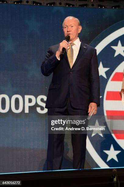 General Martin Dempsey address the fans during the NBA All-Star Game as part of the 2017 NBA All Star Weekend on February 19, 2017 at the Smoothie...