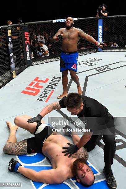 Derrick Lewis celebrates after defeating Travis Browne in their heavyweight fight during the UFC Fight Night event inside the Scotiabank Centre on...