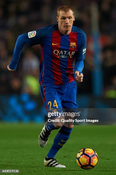 Jeremy Mathieu of Barcelona in action during the La Liga match between FC Barcelona and CD Leganes at Camp Nou Stadium on February 19, 2017 in...