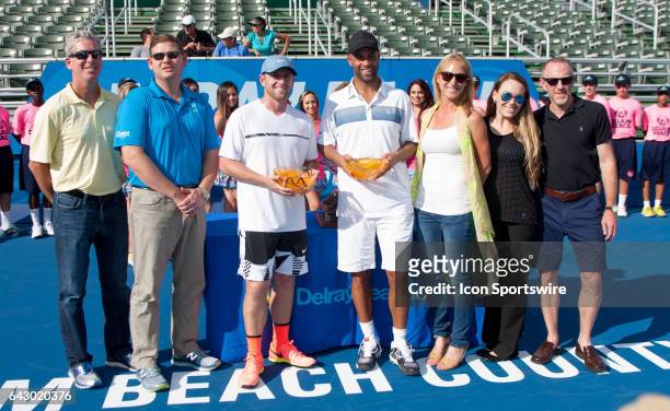 Jesse Levine and James Blake during the trophy ceremony for the ATP Champions Tour Delray Beach Open on February 19 at Delray Beach Stadium & Tennis...
