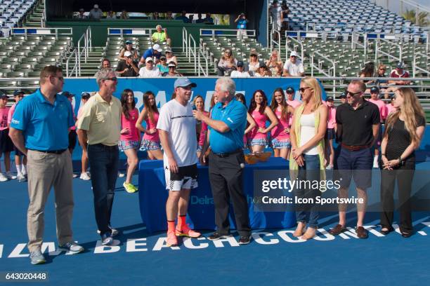 Jesse Levine during the trophy ceremony for the ATP Champions Tour Delray Beach Open on February 19 at Delray Beach Stadium & Tennis Center in Delray...