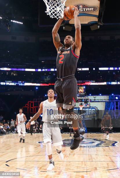 Kawhi Leonard of the San Antonio Spurs dunks the ball in the first half of the 2017 NBA All-Star Game at Smoothie King Center on February 19, 2017 in...