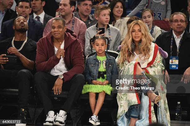 Michael B. Jordan, Jay Z, Blue Ivy Carter and Beyoncé Knowles attend the 66th NBA All-Star Game at Smoothie King Center on February 19, 2017 in New...