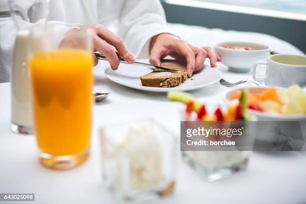 breakfast in a hotel room - hotel breakfast stock pictures, royalty-free photos & images