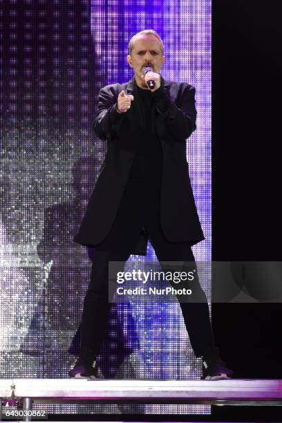 Spanish singer Miguel Bose performs on stage during 'Estare Tour 2017' at Mexico City's Zocalo main square on February 19, 2017 in Mexico City, Mexico