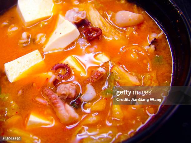 close-up of seafood jjigae - kimchi stock pictures, royalty-free photos & images