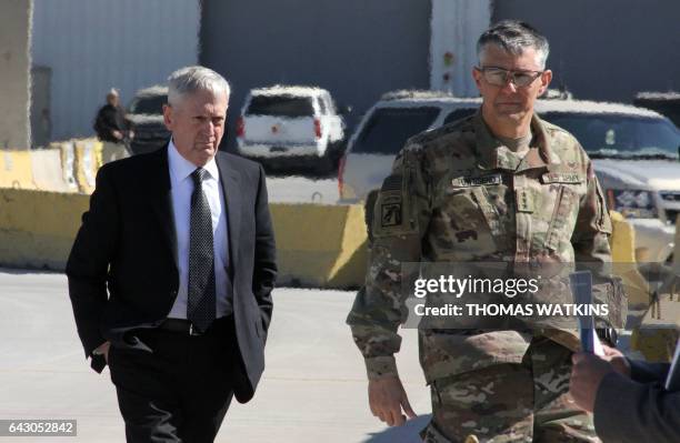 The new Pentagon chief and US Secretary of Defence, James Mattis , is welcomed by Lieutenant General Stephen Townsend? upon his arrival in the Iraqi...