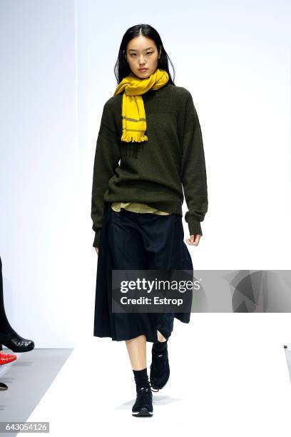 Model walks the runway at the Margaret Howell show during the London Fashion Week February 2017 collections on February 19, 2017 in London, England.