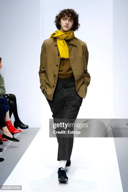 Model walks the runway at the Margaret Howell show during the London Fashion Week February 2017 collections on February 19, 2017 in London, England.