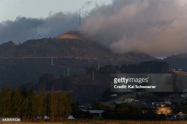 Burnt out forest is seen beneath Sugarloaf communications tower on February 20, 2017 in Christchurch, New Zealand. Firefighters continue to work to...
