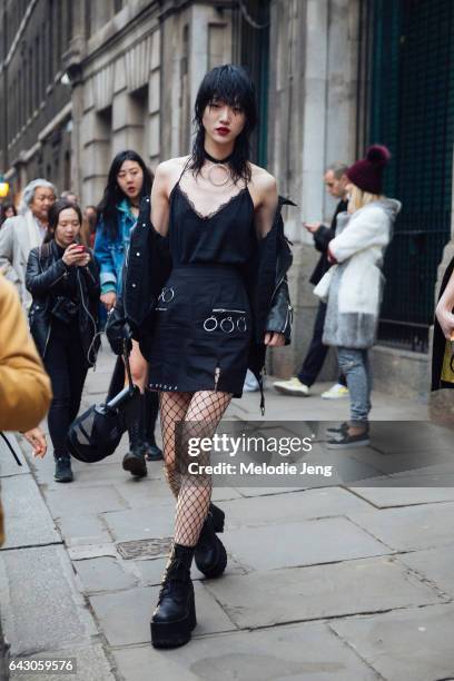 Model Sora Choi on day 3 of the London Fashion Week February 2017 collections on February 19, 2017 in London, England.