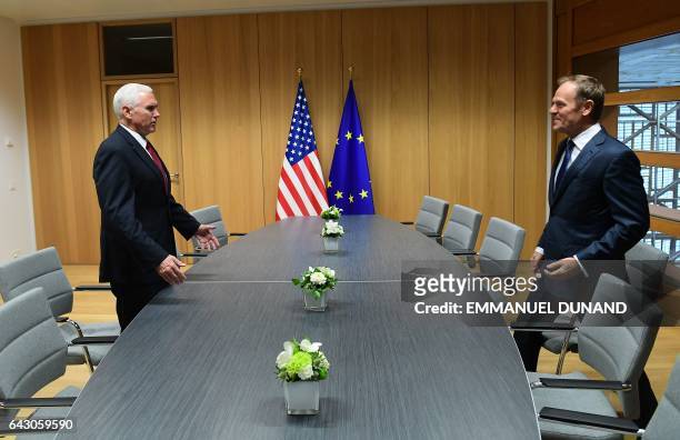 Vice-President Mike Pence meets with European Council President Donald Tusk at the European Council in Brussels on February 20, 2017. US Vice...