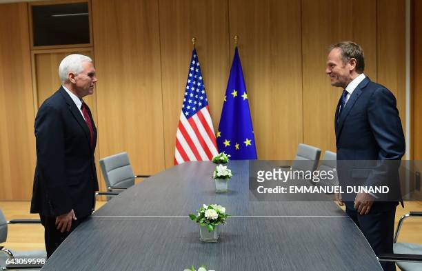 Vice-President Mike Pence meets with European Council President Donald Tusk at the European Council in Brussels on February 20, 2017. US Vice...