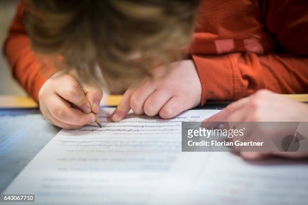 Pupil is practicing writing. Lesson at a school in Goerlitz on February 03, 2017 in Goerlitz, Germany.