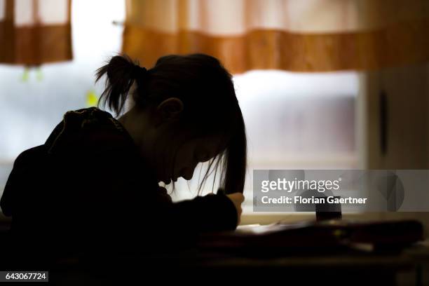 Girl is learning during class. Feature at a school in Goerlitz on February 03, 2017 in Goerlitz, Germany.