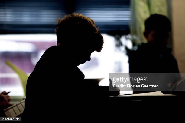 Boy is learning during class. Feature at a school in Goerlitz on February 03, 2017 in Goerlitz, Germany.