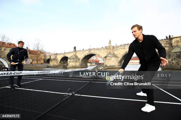 Roger Federer of Switzerland in action against Tomas Berdych of The Czech Republic in front of the Charles Bridge during the countdown to the...