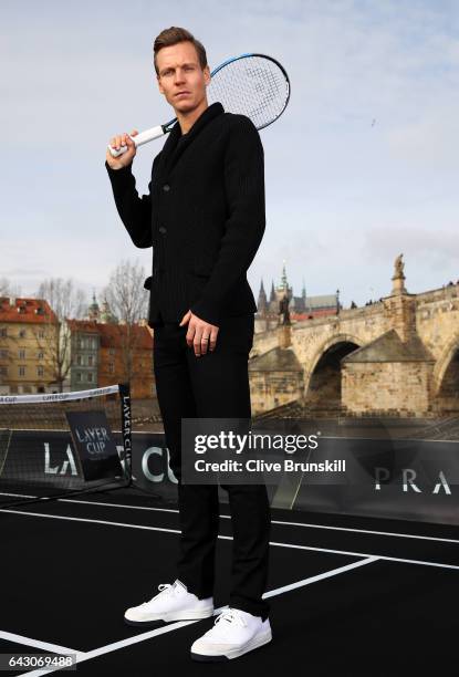 Tomas Berdych of The Czech Republic poses for photos in front of the Charles Bridge during the countdown to the inaugural Laver Cup on February 20,...